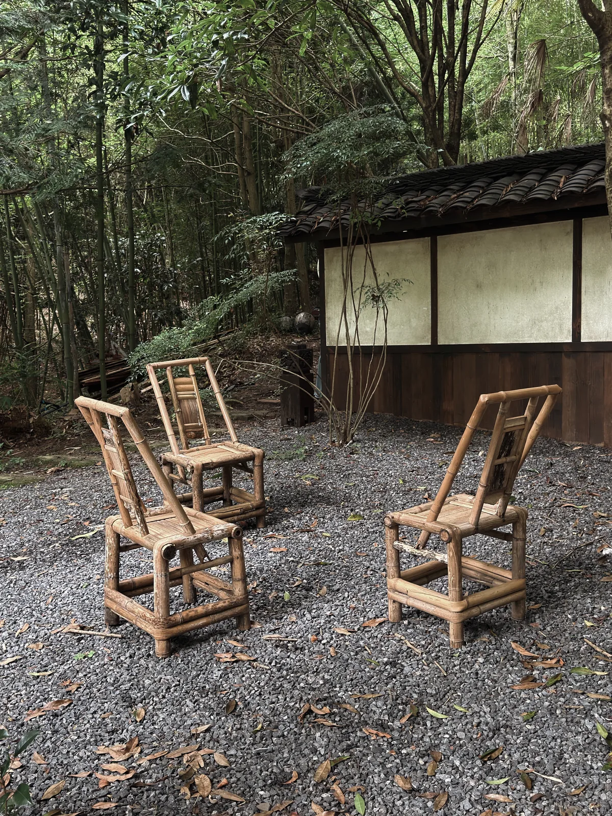 青城山竹林庭院碎石地上的竹靠背椅